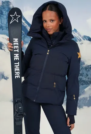 Meet Me There Womens Navy Blue Star Puffer Ski Jacket Hooded Size S/M NEW thumbnail 1