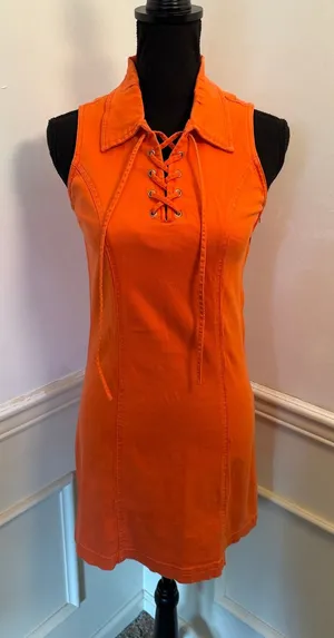 Vintage Y2K Orange Speed Mini Dress Sleeveless Lace-Up Collar Shift Dress Retro thumbnail 1