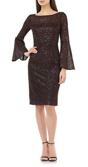 Carmen Marc Valvo Infusion 6 Red Black‎ Sequin Lace Bell Sleeve Dress NWT thumbnail 1