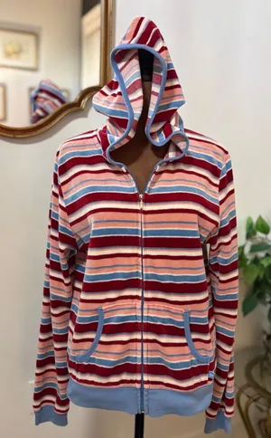 American Eagle‎ y2k Striped Full Zip Hoodie Women's Top With Pockets vintage Lg thumbnail 1