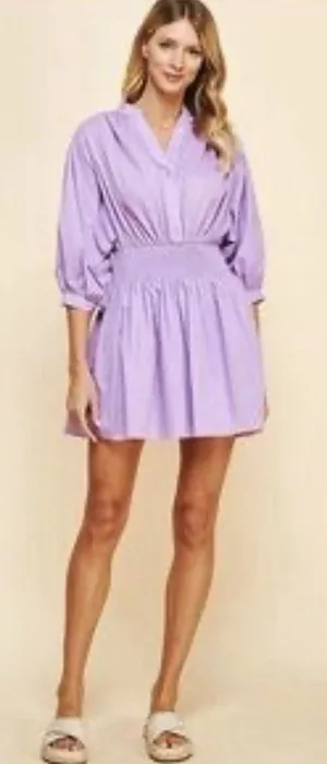Pinch Mini Dress Womens Med Purple Pleated Puff Sleeve Boho Preppy smocked NWT thumbnail 1