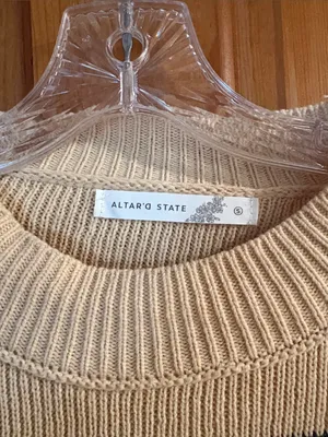Altar'd State Cream & Dark Green Striped Cropped Crew Sweater thumbnail 3