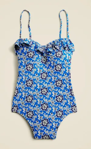 J. Crew One-Piece Swimsuit Cobalt Blue Floral Ruffle 8 NEW NWOT thumbnail 1