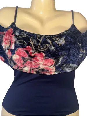 Francesca's Navy Velvet Floral Bodysuit with Pink Bloom Detail thumbnail 2