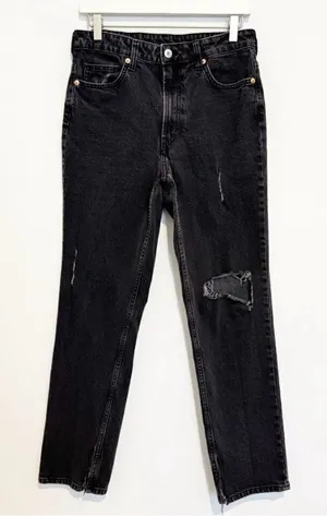 HM Jeans Size 8 Black Faded Distressed High Rise Straight‎ Split Hem Mall Goth thumbnail 1