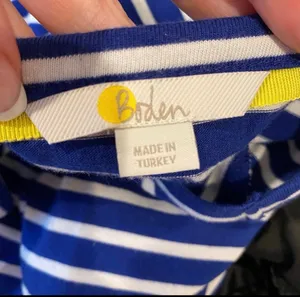 Boden Blue White Striped Vneck Mini Dress Yellow Ruffle Sleeve 8 8L Tall Coastal thumbnail 7