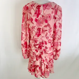 New Floral Print Twist Keyhole Front Long Sleeve Dress Pink Size XL thumbnail 14