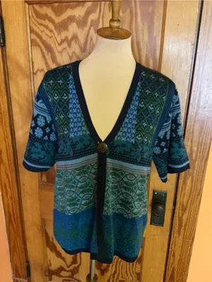 Coldwater Creek USA Mixed Pattern Cardigan Blue Green Rayon Knit Boho Sweater thumbnail 5