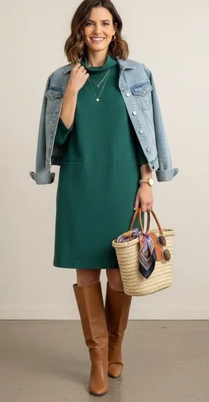 Boden Green Ottoman Ribbed Knit Mock Neck Shift Dress‎ US 6R 3/4 Sleeve thumbnail 1