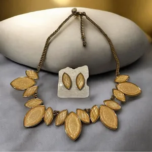 Charming Charlie Gold Leaf Statement Necklace & Earring Set thumbnail 1