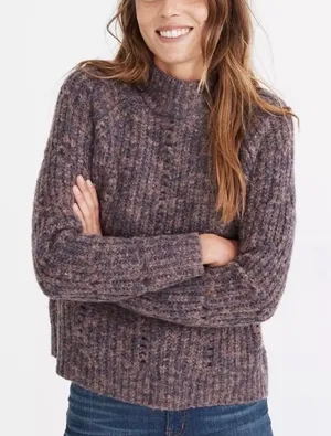 Madewell Pointelle Mock Neck Chunky Knit Sweater Purple Oversized XS Wool thumbnail 1