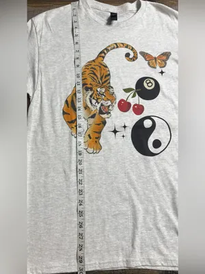 Gildan Light Gray Tee with Tiger, Butterfly, Cherries & Yin Yang Graphics thumbnail 7