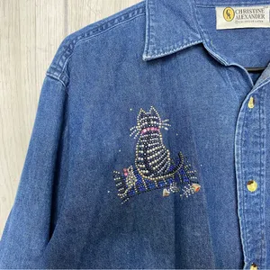 Christine Alexander Bedazzled Cat Button Down Chambray Denim Shirt size M Medium thumbnail 8