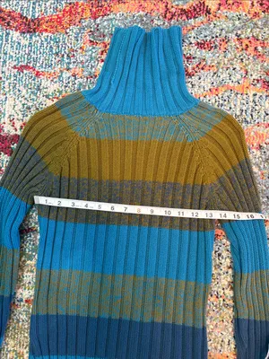 Cozy Striped Cowl Neck Sweater in Teal and Olive thumbnail 10