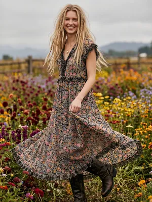 Free people Bohemian Floral Milania Maxi Dress Dark Combo Maxi Top Duster Small thumbnail 7