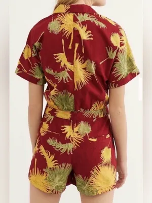 Free People Malibu Romper Burgundy Palm Print Boho M thumbnail 11
