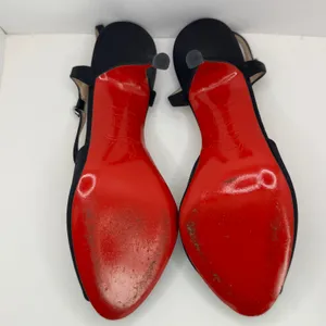 Y2K Christian Louboutin Ernesta Black Satin T-Strap Peep Toe Heels EU 37 thumbnail 10
