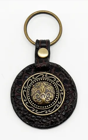 Vintage Genuine Leather and Metal Medallion Round Keychain Gold Tone thumbnail 1