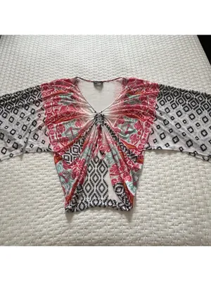 Bebe Boho Ikat Southwestern Kimono Mesh Festival Top V-Neck Ruched S Small thumbnail 2