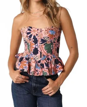 Olivaceous Pink Floral Strapless Top With Peplum Hem thumbnail 1