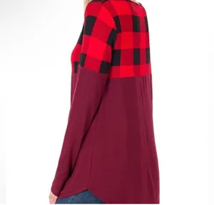 Zenana Women’s Red Black Buffalo Plaid Colorblock Long Sleeve Top Burgundy Tunic thumbnail 2