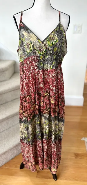 Source Unknown Vintage Boho Red, Yellow & Grey Paisley Floral Shirred Tiered Midi Dress thumbnail 1