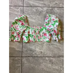 Hill House The Isabella Pink Rose Floral Puff Sleeve Smocked Crop Top XS Zip thumbnail 7