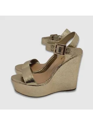 Bamboo Platform High Wedge Heels Ankle Strap Round Toe Metallic Gold Sandal Sz 8 thumbnail 3