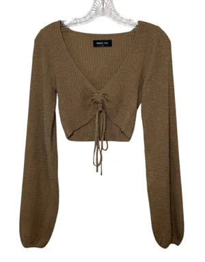 White Fox Brown Ribbed Lace Up Crop Top‎ Balloon Sleeve Size XS Minimalist Basic thumbnail 1