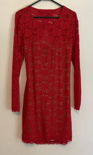 NWT Express Red‎ Lace Backless Short Long Sleeve Mini Dress Y2K Cocktail Party L thumbnail 1