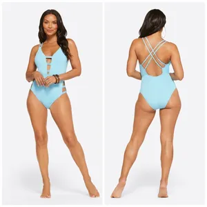 Jessica Simpson Textured Solids Plunge One Piece in Sky Size XL NWT thumbnail 2