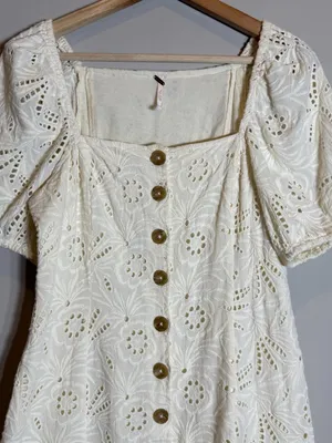 Free People Daniella Eyelet Mini Dress Women's 2 Ivory Puff Sleeve Boho Cotton thumbnail 8