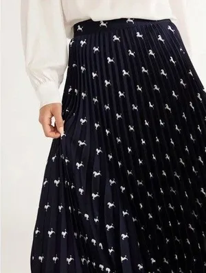 Free Assembly Navy Horse Print Pleated Midi Skirt Size S Classic Polished Pony thumbnail 1