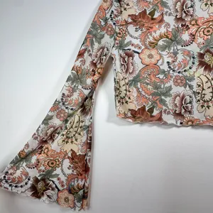 Retro Floral Mesh Mock Neck Cropped Top Long Bell Sleeve 70s Style Boho Festival thumbnail 4
