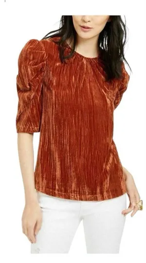 NWT $69 LEYDEN‎ Womens S Orange Rust Crushed Velvet Pouf Short Sleeve Top Blouse thumbnail 1