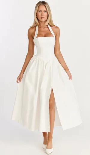 Showpo HELDA MIDI DRESS - HALTER TIE NECK CORSET PANEL DRESS IN OFF WHITE thumbnail 1