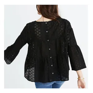 Madewell Women's Black Cotton Eyelet Tiered Back Button Top Size S thumbnail 2