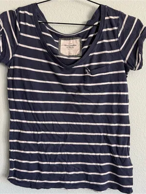 Abercrombie & Fitch V Neck Blue/White Striped Tee. Size Small thumbnail 1