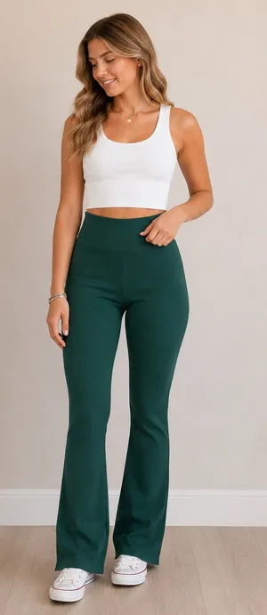 High-Waisted Green Ribbed Flare Leggings thumbnail 1