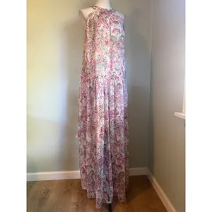 MISA Floral Halter Maxi Dress Pink Green XS/S Boho Chiffon flowy romantic whimsi thumbnail 4