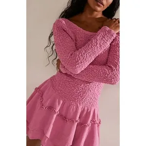 Free People What A Time Textured Long Sleeve Pink Mini Dress XS NWT thumbnail 9