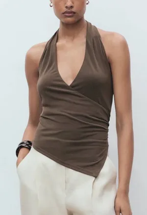 MANGO MNG - NWT Sleeveless Halter Wrap Top asymmetrical hem Brown thumbnail 1