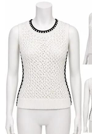 Open Knit Sweater Vest Size Small White Black‎ Contrast Trim Sleeveless Layering thumbnail 1