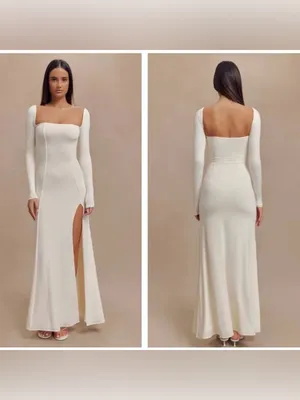 NWT Meshki Desirie Slinky Long Sleeve Maxi Slit Ivory Dress L thumbnail 2
