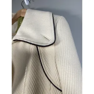 Wool Blend Cream Coat Asymmetrical Zip Front Black Trim Elegant Luxury Sz‎ Large thumbnail 9