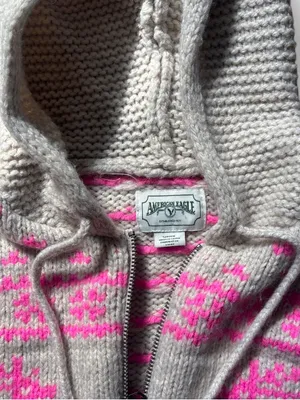 American Eagle Elk Zip Up Hooded Knit Sweater Pink & Cream Fair Isle Motif Sz S thumbnail 4