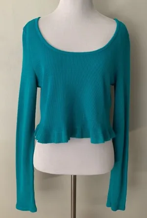 Free People Waffle Knit Ruffle Crop Long Sleeve M thumbnail 1