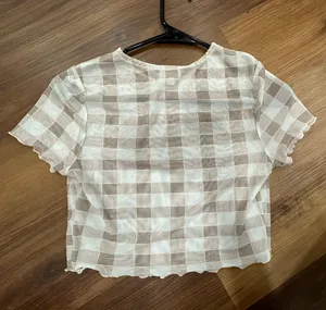 Checkered Mesh Crop Top Tan thumbnail 1