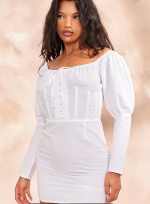 PrettyLittleThing White Long Sleeve Bodycon Dress thumbnail 1