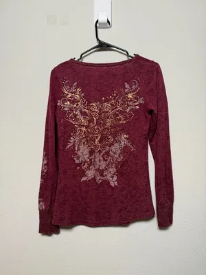 Y2K Soft Grunge Burgundy Long Sleeve with Rhinestone thumbnail 4